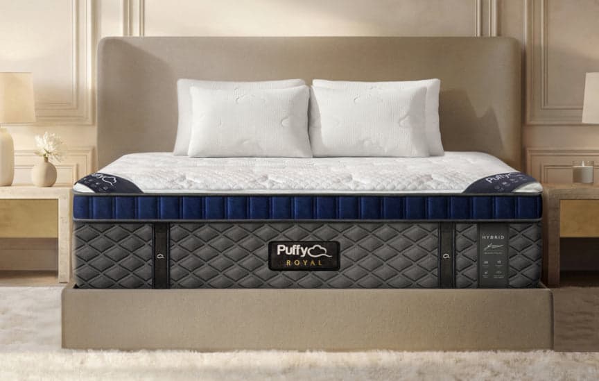 Puffy Royal Hybrid mattress in a beige bedroom